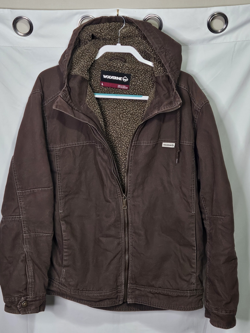 Wolverine Men's Large Brown Washed Duck Sherpa-Lined Hooded Work Chore Jacket